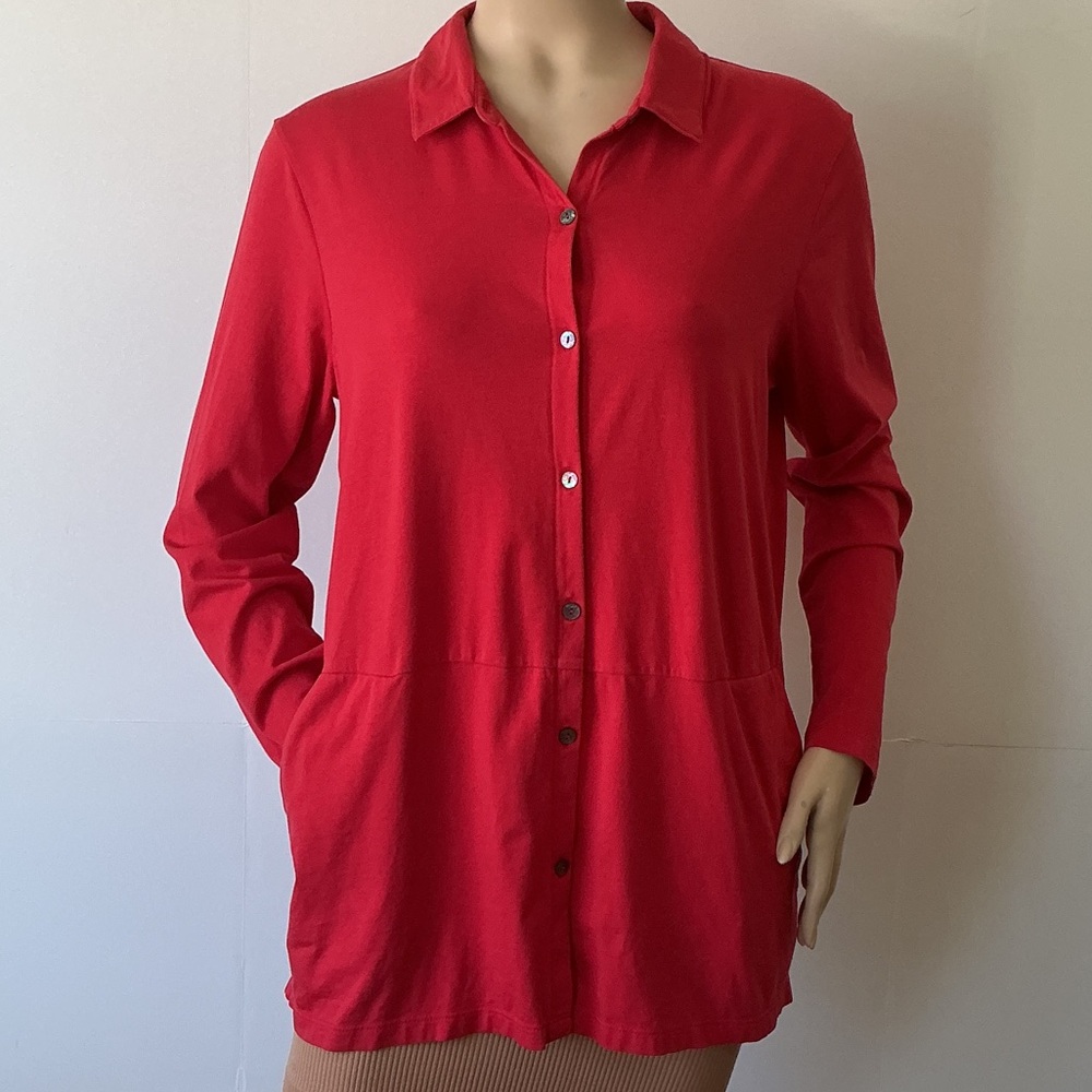 J. Jill Sz. M Women's Button-Front 2 Pocket Tunic Top Red Roll Sleeve Button Tab